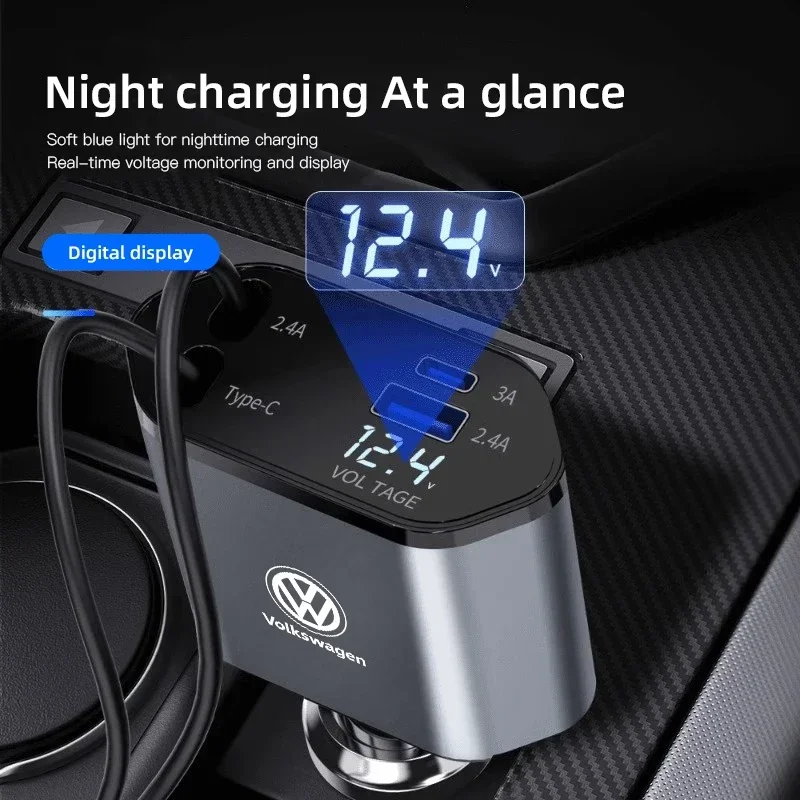 폭스바겐 120W 차량용 충전기 어댑터, 폭스바겐 골프, 파사트 b6, 티구안, 페이톤, 폴로용 고속 충전, 접이식 케이블, USB 타입 C 고속 충전