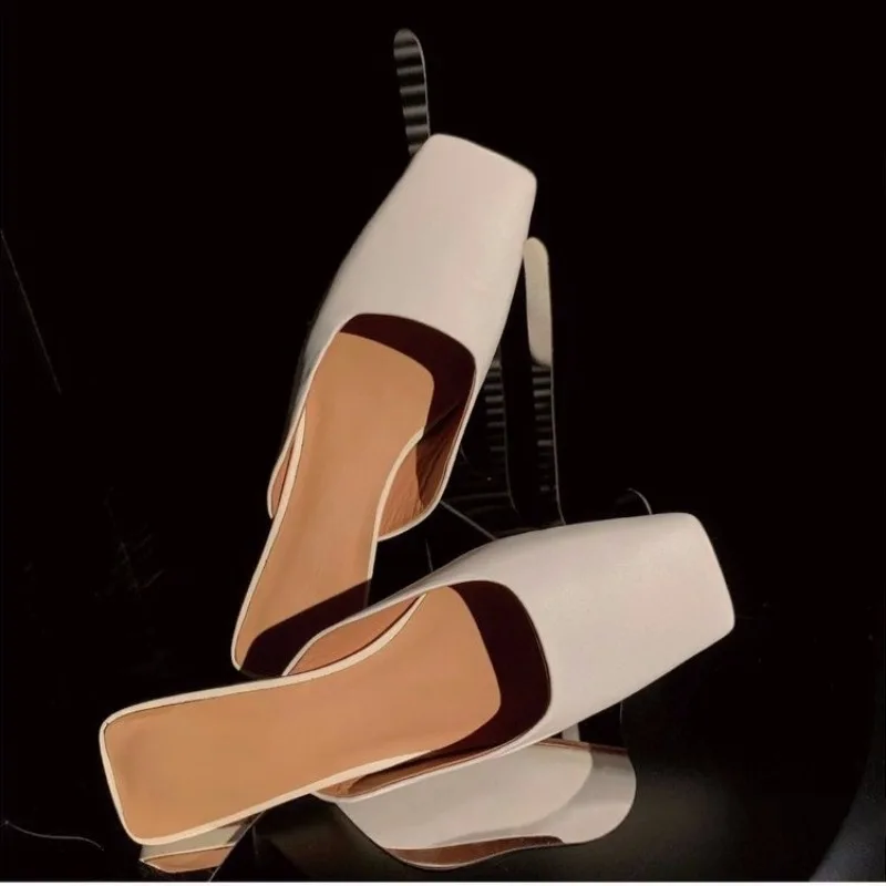 New Summer Women Slipper Pumps Triangle Heel Early Baotou Half Slippers Women's Square Toe Sandals Slippers for Women High Heels