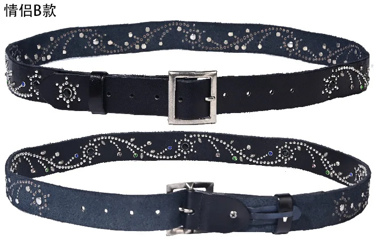 3.8CM Cowhide High Quality Genuine Leather Inlaid Diamond Punk Belts for Men Needle Buckle Jeans Cowboy Waist Belt Luxury