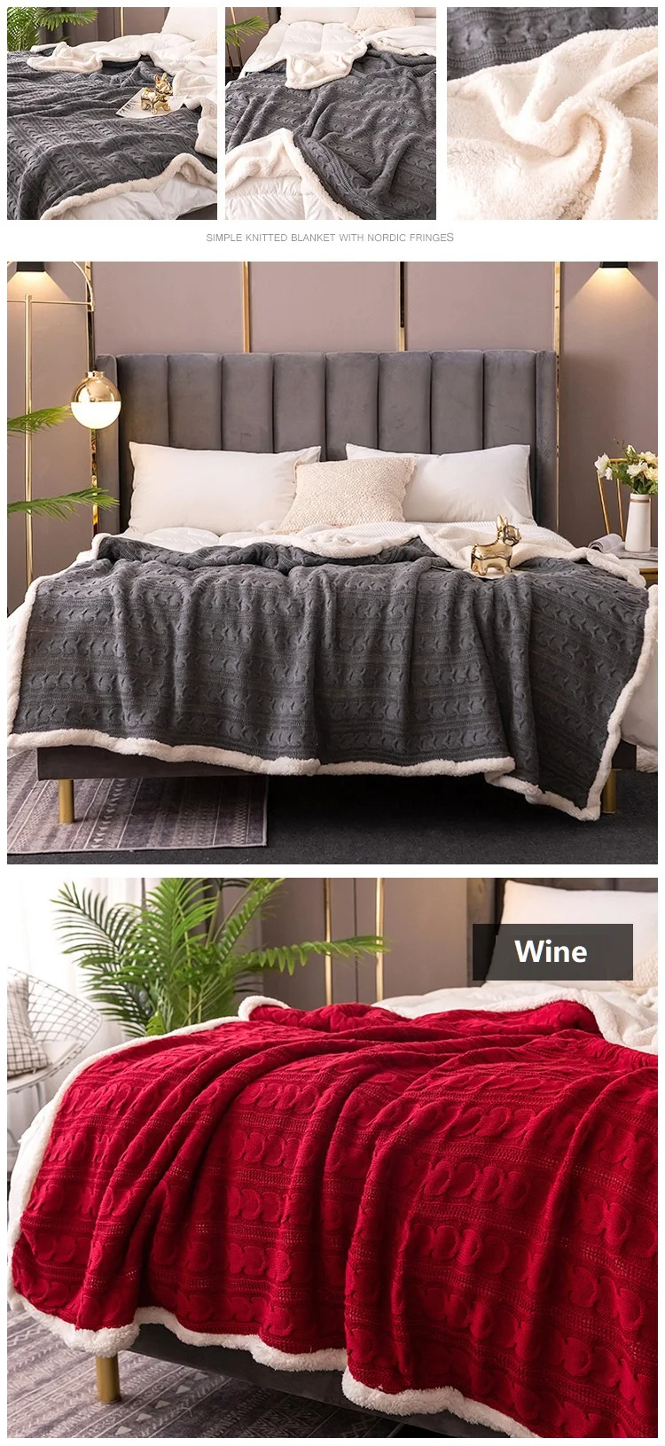 Nordic Künstliche Lamm Gestrickte Decke für Winter Warme Gemütliche Zopfmuster Faden Decken Für Bett Sofa Abdeckung Überwurf Tagesdecke Auf Bett – Detail 3