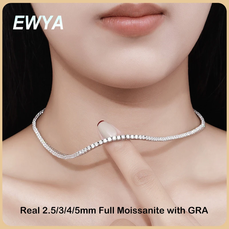 

EWYA Sparkling Real Full 2.5/3/4/5mm D Color Moissanite Tennis Necklace for Women S925 Silver Diamond Neck Chain Necklaces Gift