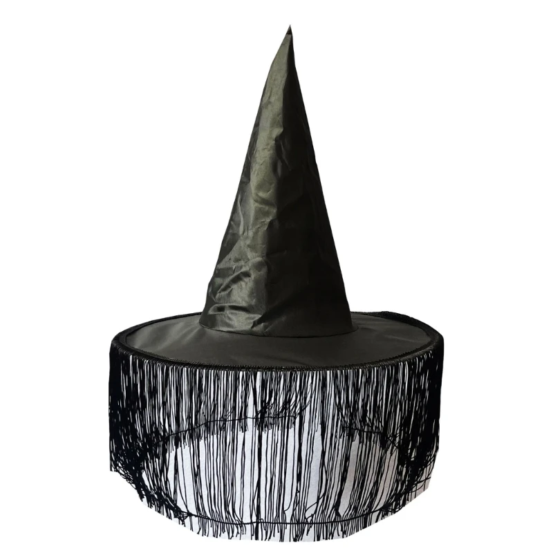 

Unisex Halloween Peaked Witch Hat with Tassels Veil Wizard Hat Women Cosplay Cap