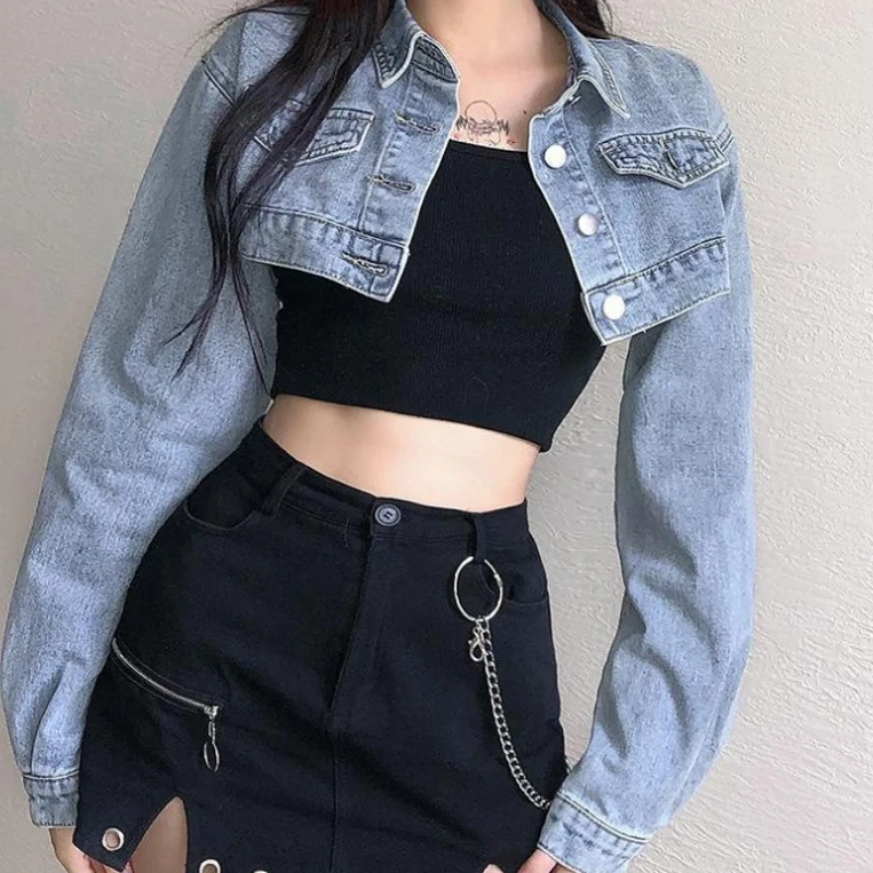 

Loose and Ultra Short Spring and Autumn Denim Jacket, Revealing Waist, Spicy Girl, Long Sleeved High Waisted Top, Denim Jacket