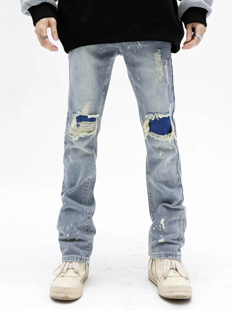 Men's Knee with Hole Denim Trousers Punk Men's Pencil Jeans Light -colored Casual Trousers Tide Brand Men Street Clothing JEANS
