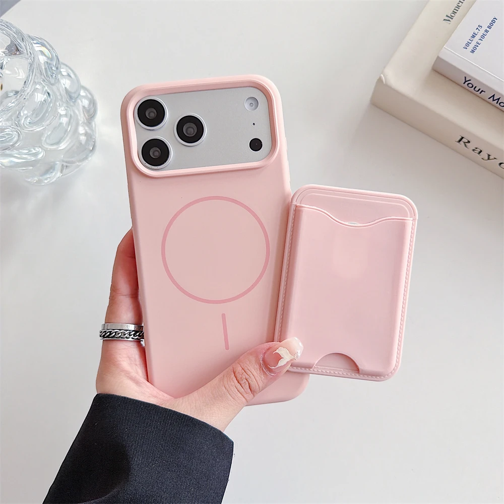 Premium Magnetic Liquid Silicone Phone Case with Card Holder - Candy Color Shockproof Cover