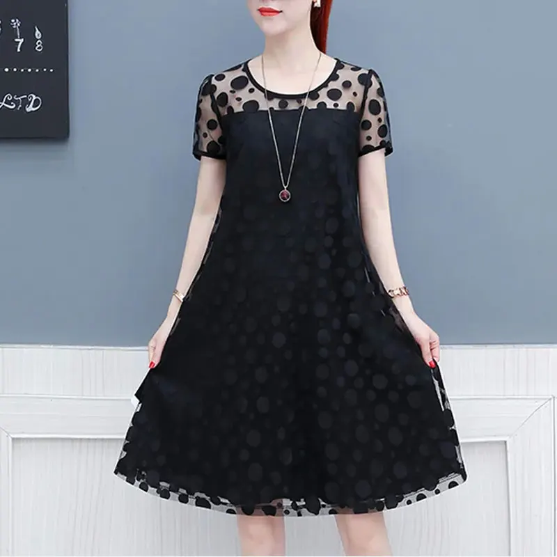 

Summer New Gauze Patchwork Midi Dress Korean Polka Dot Fashion Hollow Out Female Clothing O-Neck Fake Two Pieces A-Line Dresses