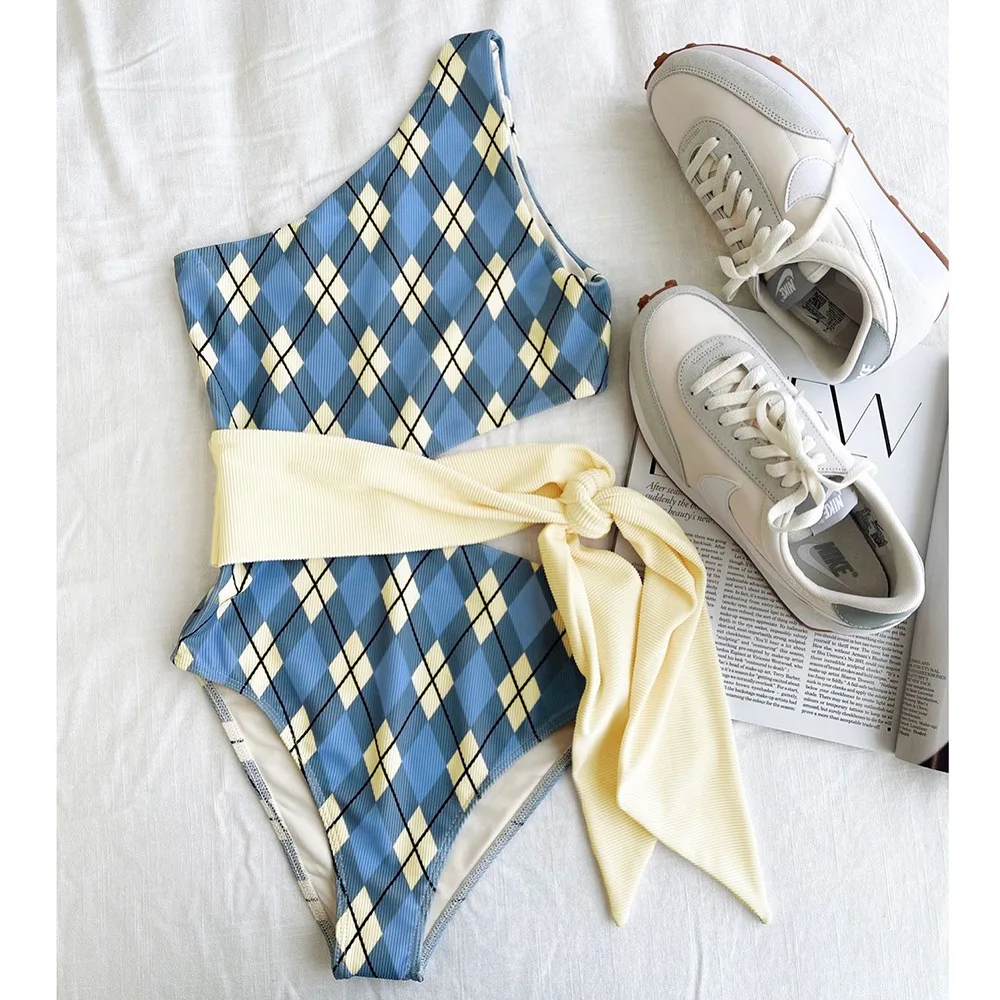

Single-Shoulder One-Piece Swimming Suit Women's New Sunken Stripe Plaid Printed Solid Color Lace-up Sexy Cutout
