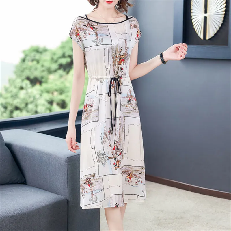 

Summer Dresses Women 2022 Short Sleeve Casual Elegant Dress Belted Waist A-Line Dress Midi Print Slim Female Fashion Party Robe