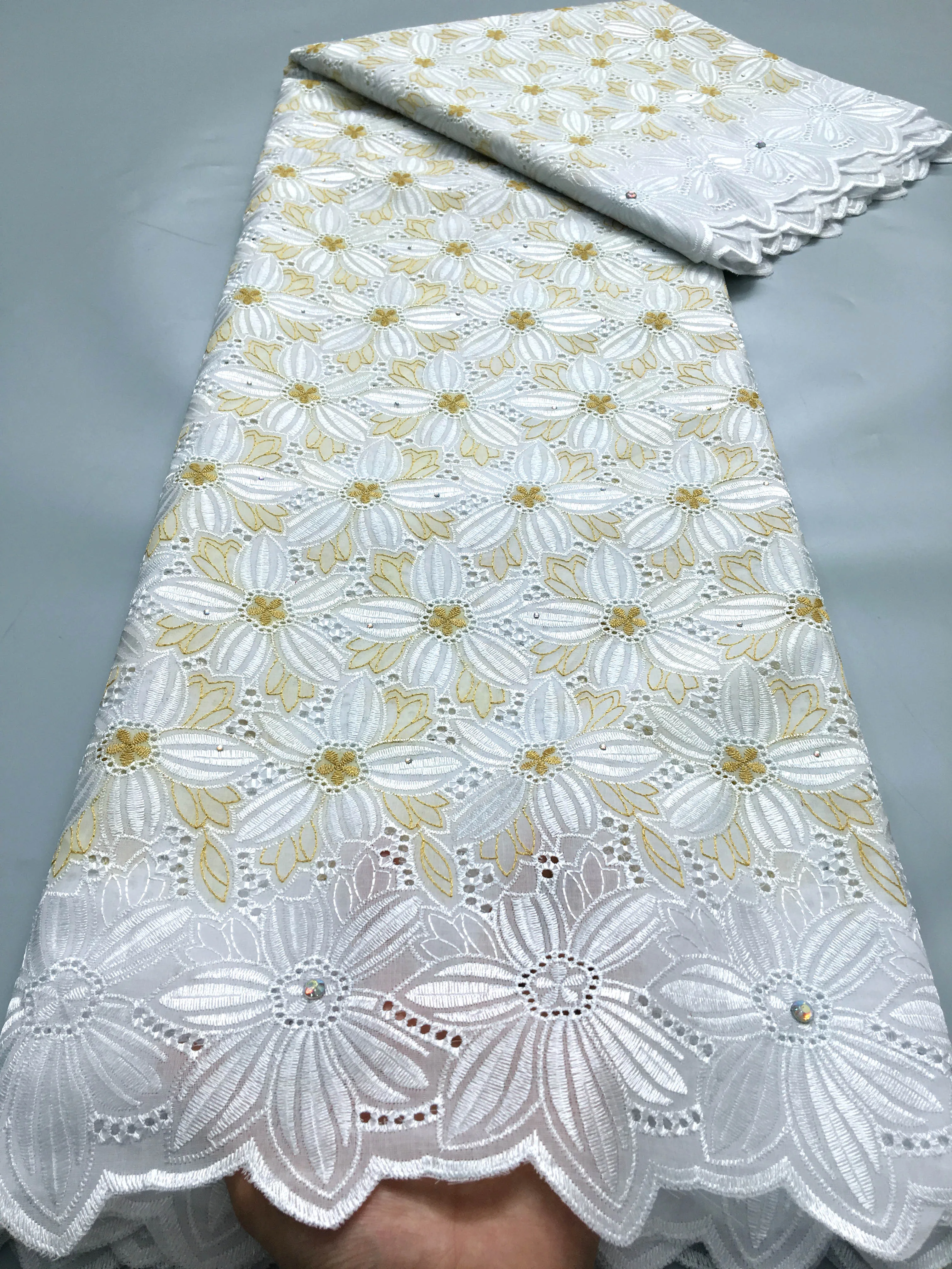 Sew Cotton Lace Fabric White Swiss African Nigerian Cotton Lace Fabrics 5 Yards Stones For Sew Dress Party Wed Cloth H2317