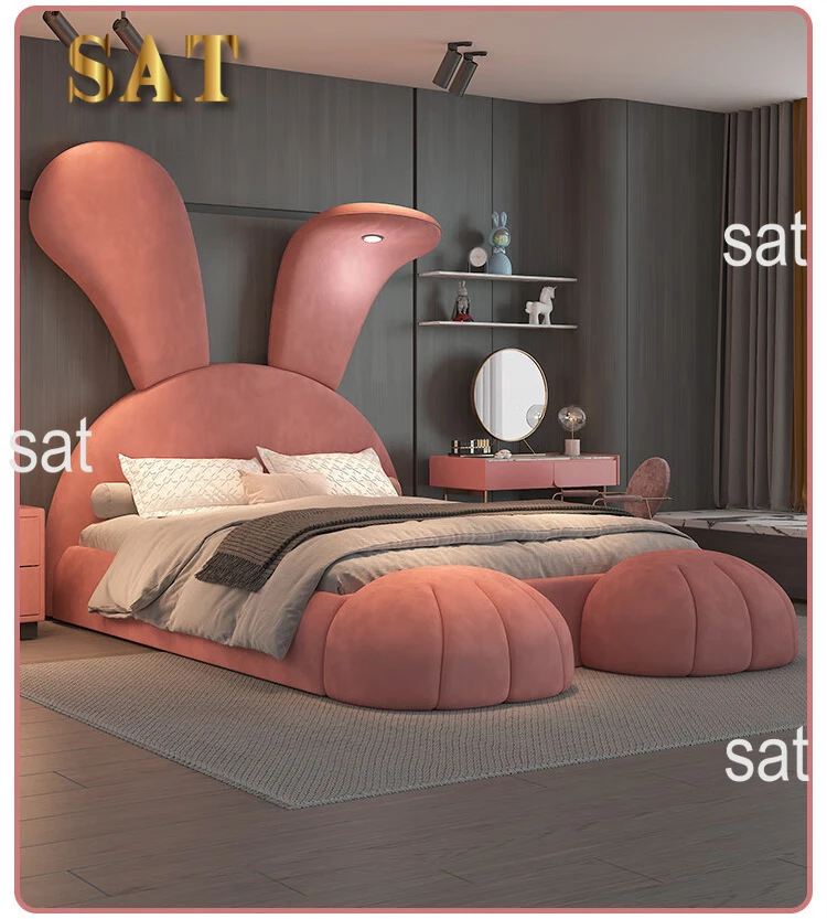 #For designer girl rabbit bed high-end fabric children's bed with night light modern popular double storage children's bed