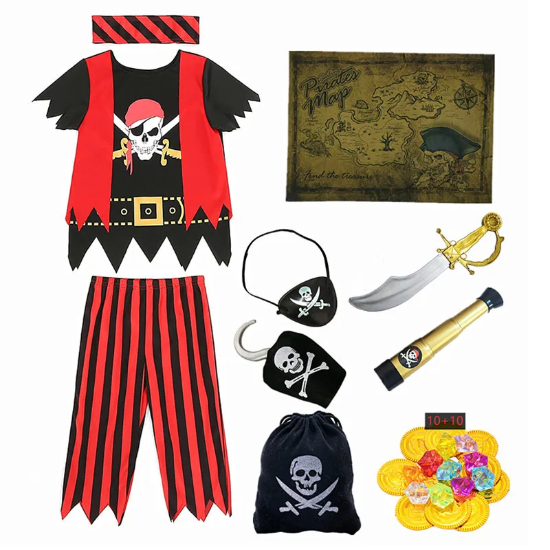 Kids Pirate Costume Captain Jack Costume Kids Pirate Toys Halloween Cosplay  Performance Costumes Gold Coin Telescope Accessories