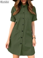ZANZEA Elegant Women Knee-length Dress Short Sleeve 2024 Summer Button Up Work Vestido Fashion Turn-Down Collar Cargo Shirtdress - Image 5