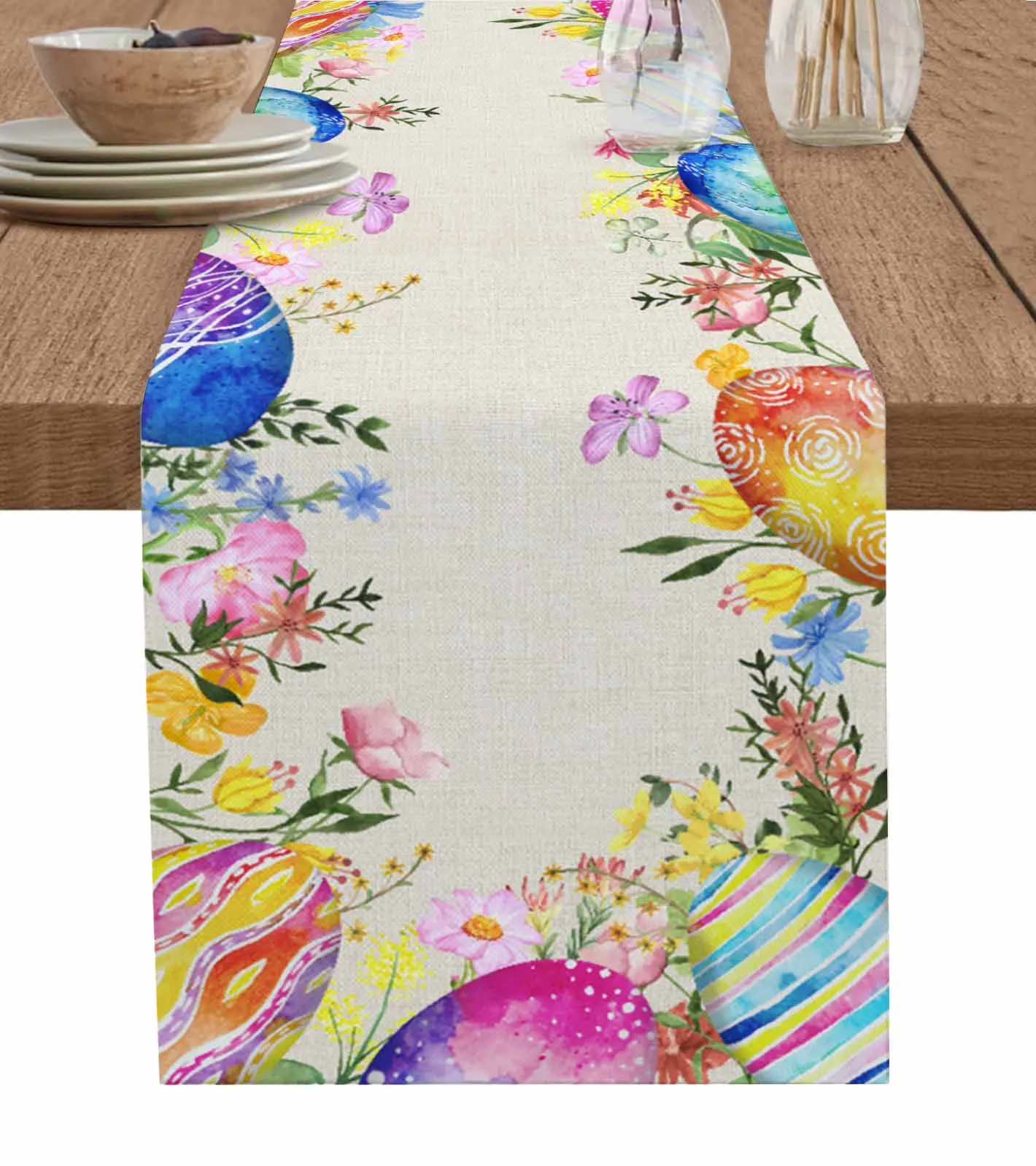 

Watercolor Easter Eggs And Flowers Table Runner Party Dining Table Cover Cloth Placemat Napkin Home Kitchen Decor