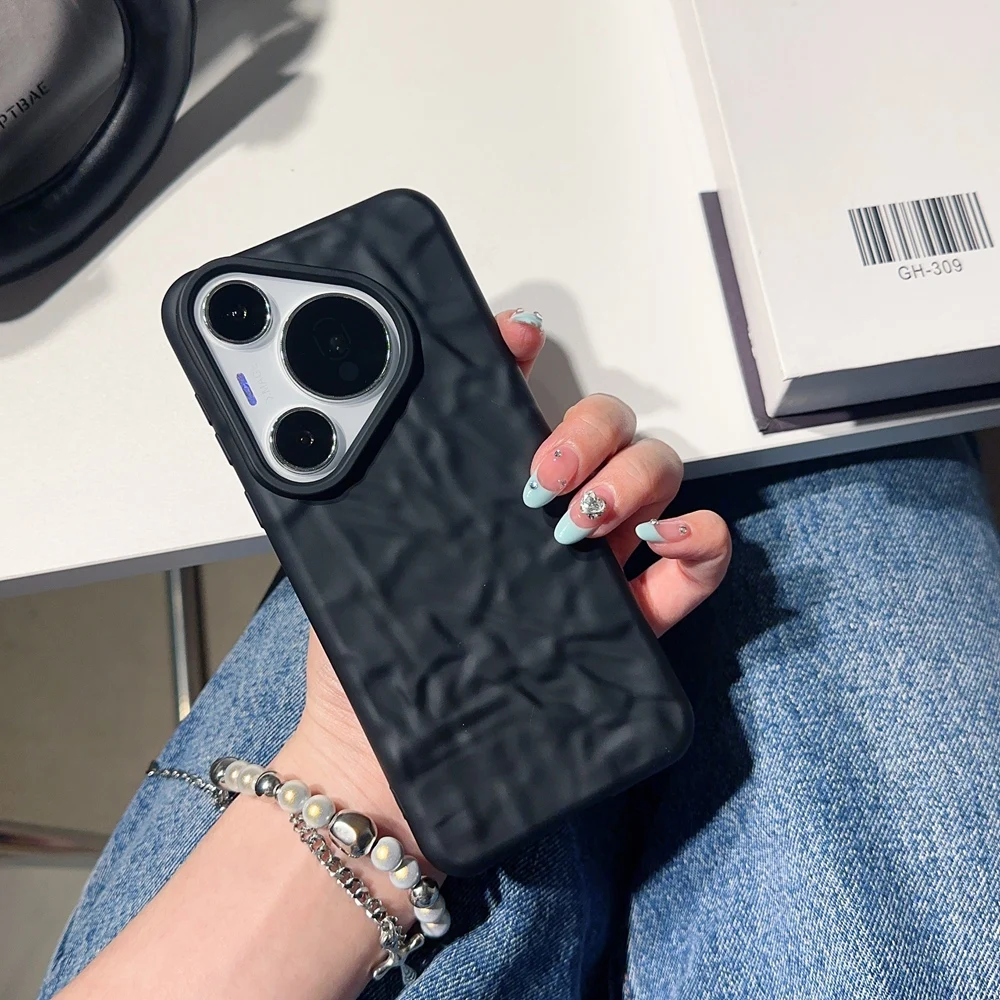 Coque de téléphone à plis 3D noir mat pour Huawei P40 P50 P60 Mate 30 40 50 60 Pro Pura 70 Pro Ultra Honor 50 Soft Cover_voghion.com