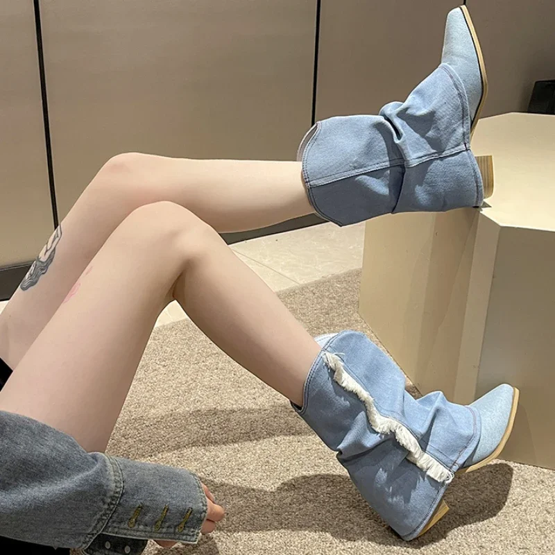 Autumn Chunky Heel Shoes for Women 2023 New Fashion Denim Fabric Women's Western Cowboy Boots Pionted Toe Ladies Mid Calf Boots