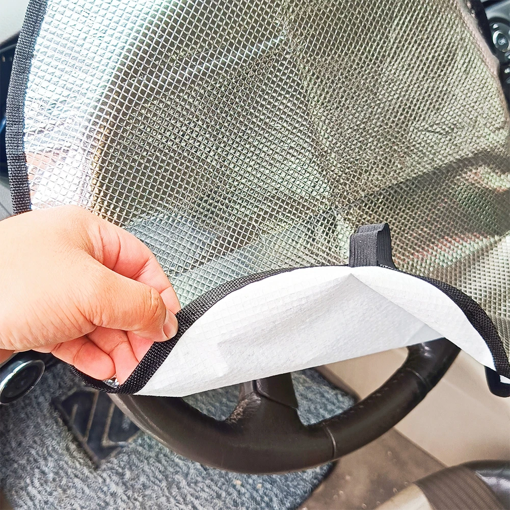 47x40cm Car Steering Wheel Anti-Heat Sunshade Cover Foldable Silver Aluminum Film Car Steering Wheel Cover Sunscreen Sunshade