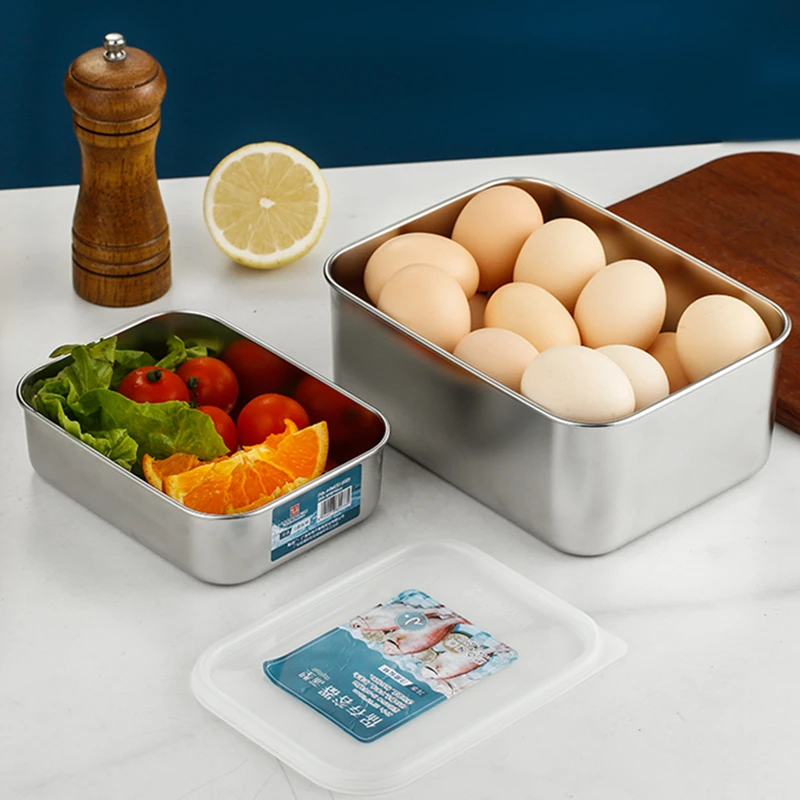 304 Stainless Steel Food Storage Tray with Cover Refrigerator Rectangle Crisper Container Thick Durable Trays Kitchen Organizer 5