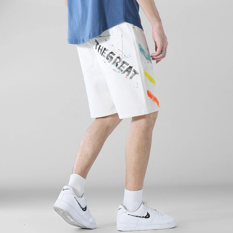 Pantalones cortos vaqueros blancos para hombre, pantalones vaqueros sueltos de cinco puntos, a mano, informales, de marca, Pantalones rectos guapos 5XL | -