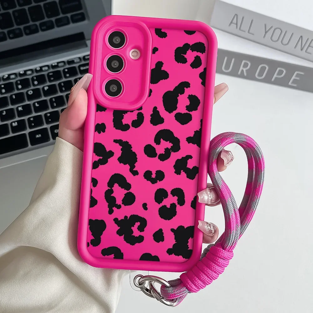 Leopard Print Wrist Chain Lanyard Phone Case with Hang Strap