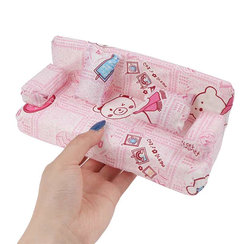 1/12 Scale Dollhouse Floral Fabric Sofa Set Mini Furniture with 2 Pillows Dollhouse Accessories Doll Photo Prop for Decoration