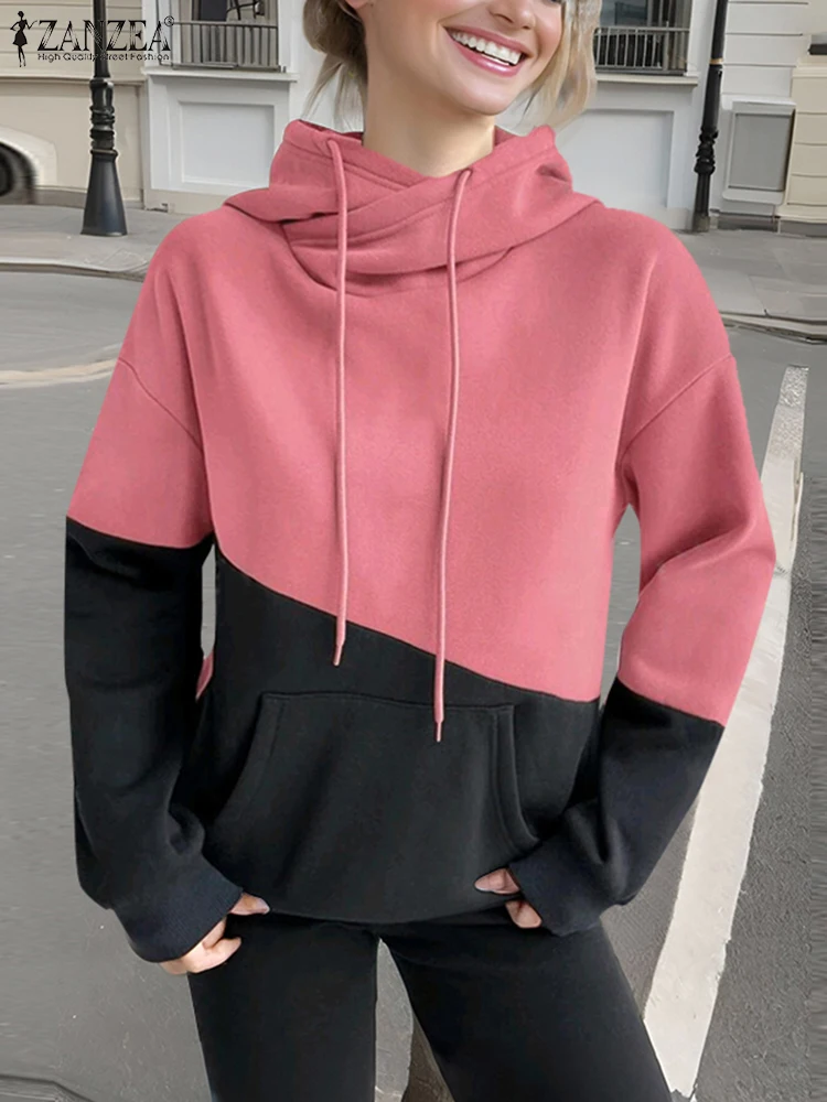 ZANZEA Holiday Hooded Drawstring Tops Women Colorblock Hoodies Fashion Long Sleeve Sweatshirt 2024 Autumn New All-match Pullover 3