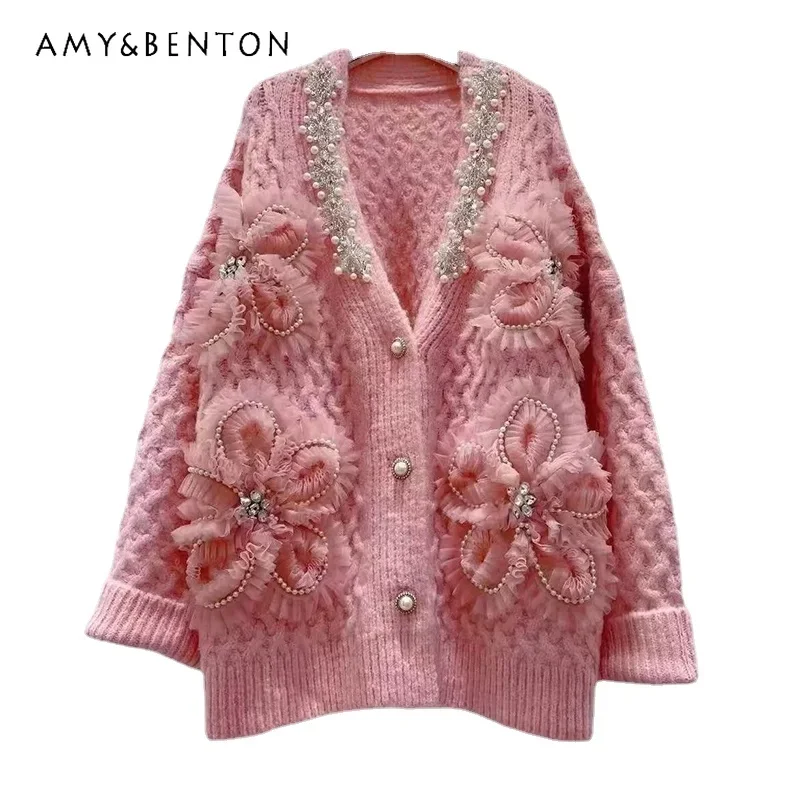

Spring Autumn Winter New High-End Oversize Knitwear Exquisite Rhinestone Pearl Flower Knitted Cardigan Cable-Knit Sweater Women