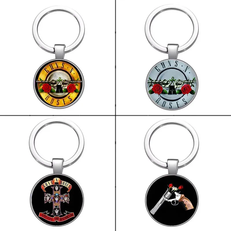 PhunkZ Guns N Rose Glass Art Picture Keychain BP GNR Logo Steampunk