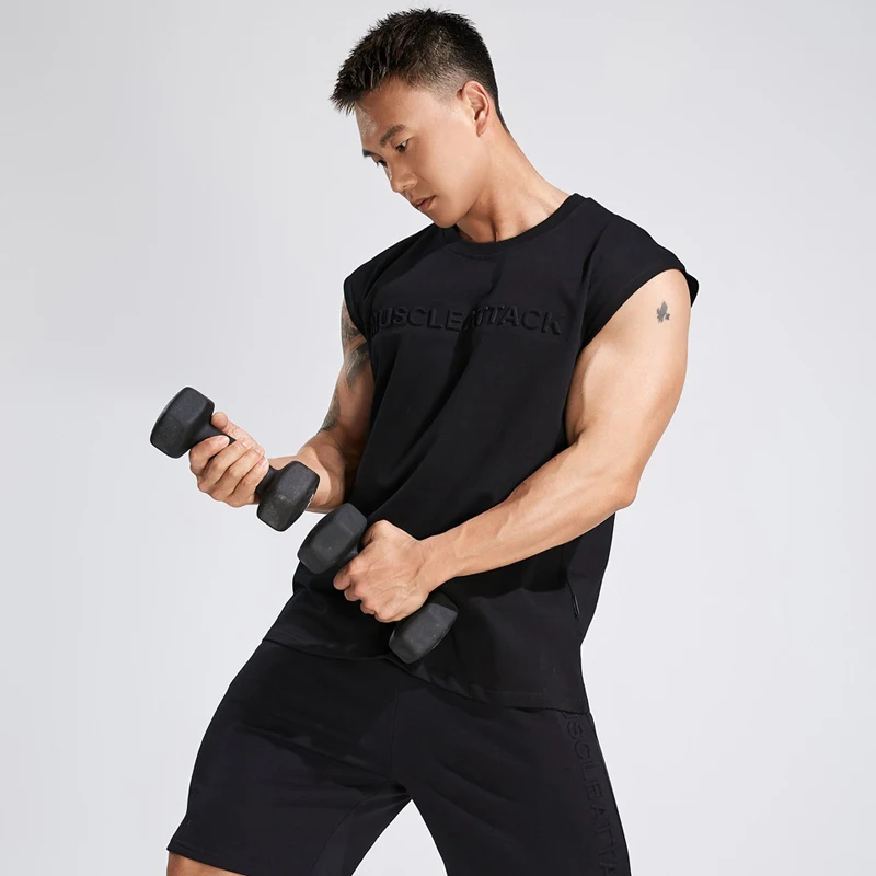 Cotton men's vest fashion wide shoulder round neck sleeveless top embossinglogo design fitness exercise sportswear