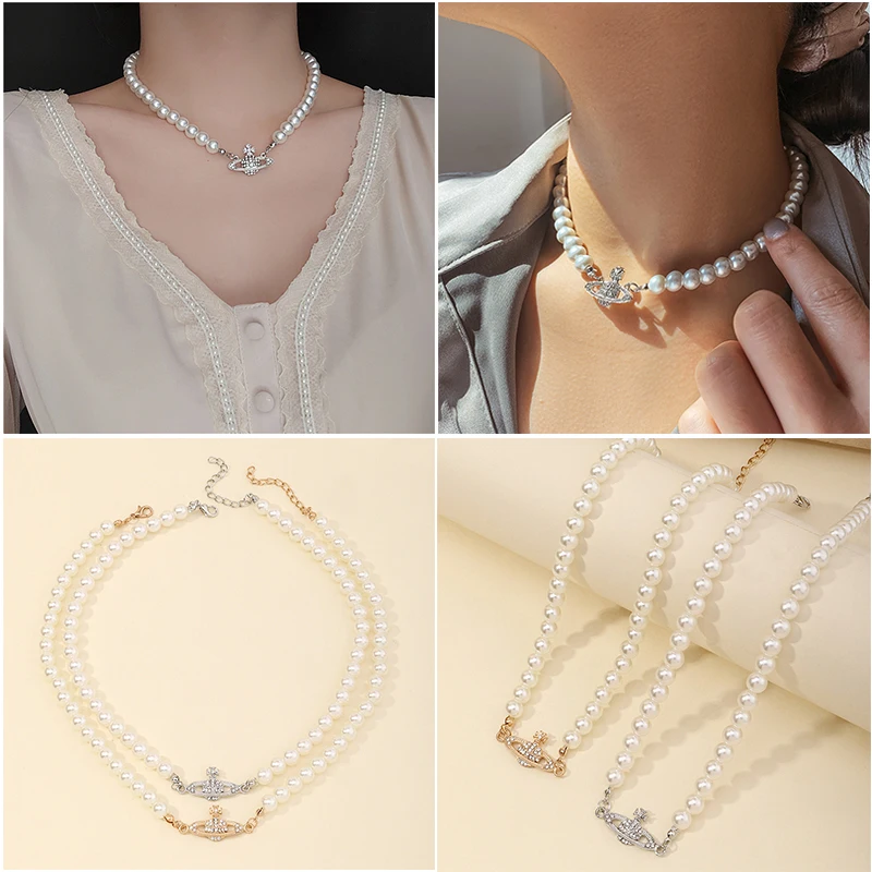 Ins Fashion Imitation Pearl Necklaces for Women Geometric Planet Full of Zircon Clavicle Chains Choker Necklace Jewelry Gift |
