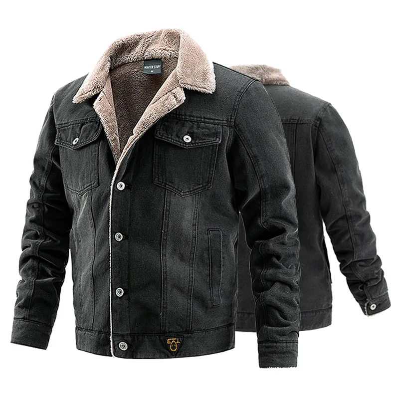 

Men's Fleece Denim Jackets Winter Thicken Warm Multiple Pockets Lapel Cowboy Coats Outdoor Casual Loose Solid Color Parkas Male
