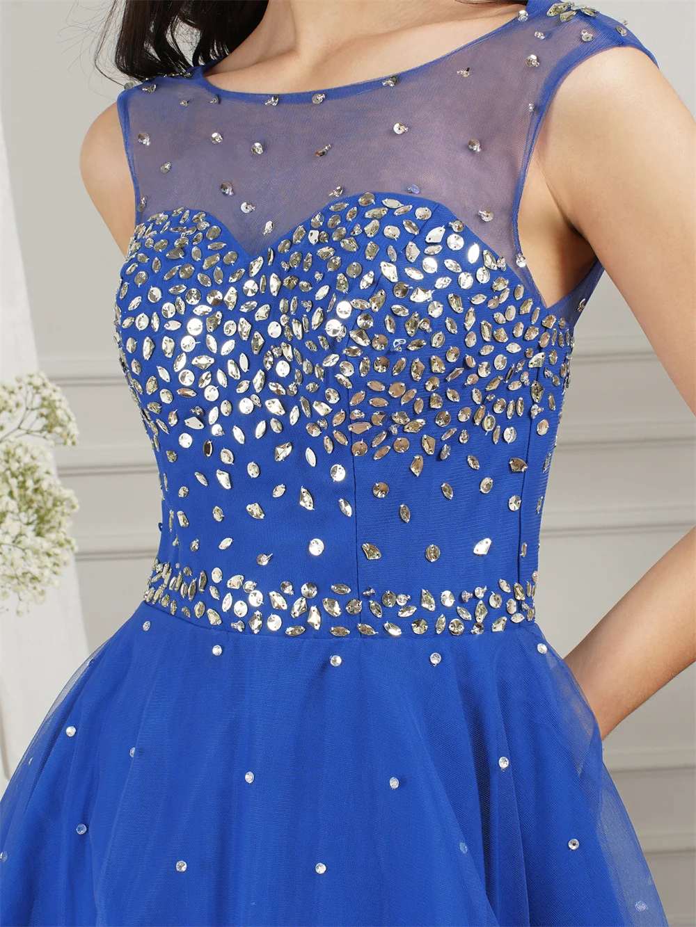 MisShow Soft Tulle Royal Blue Short Women Dresses Luxury Crystals Stones Puffy Mini Dress for Evening Prom Party Vestido Corto