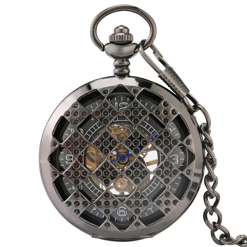 Steampunk Hollow-out Rhombus Cover Unisex Hand-wind Mechanical Pocket Watch Luminous Hands Arabic Number FOB Chain Gift