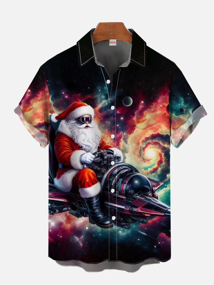 Christmas men's short sleeve lapel shirt 3d print bomb santa claus run away print casual comfortable shirt new year gift