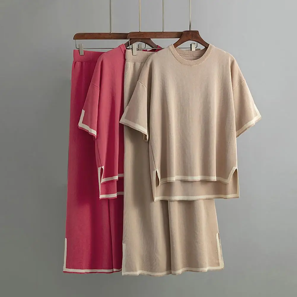 

2 Pcs T-shirt Pant Set Women Summer Tracksuit T-shirt+Pant Set Round Neck Short Sleeves Loose Workout Top Wide Leg Trousers Set
