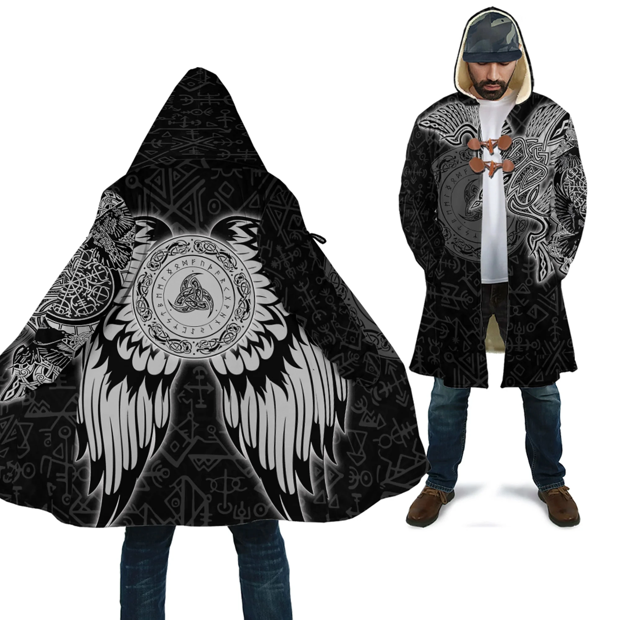 Iceland Raven and Skull Tattoo 3D All Over Printed Men's Fleece Hooded Cloak Winter Unisex Casual Thick Warm Cloak Coats PF115