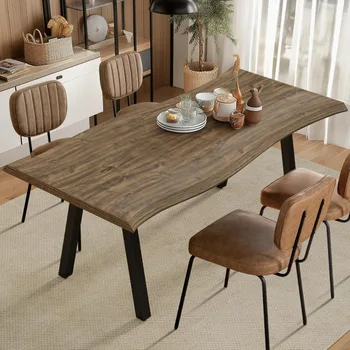 Farmhouse Dining Table for 4-6, Natural Live Edge Tabletop, Large Modern Wood Kitchen Table with Metal Legs