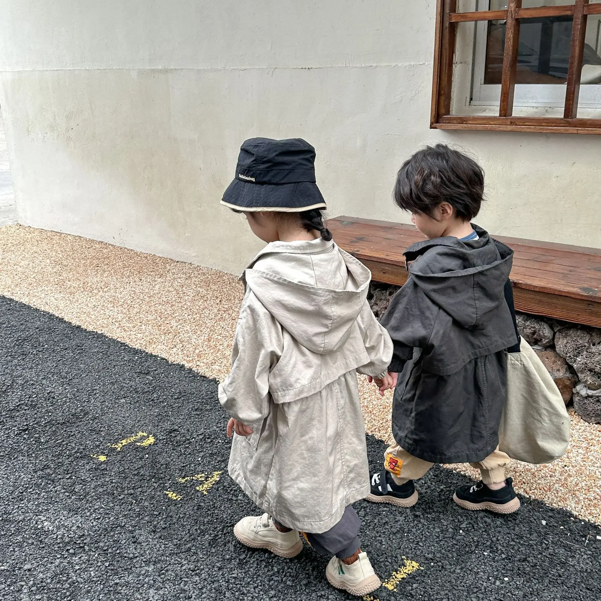 4561D Children's Coat Long Trench Coat Spring Girls' Hooded Windbreaker Korean Casual Loose Boy's Outerwear