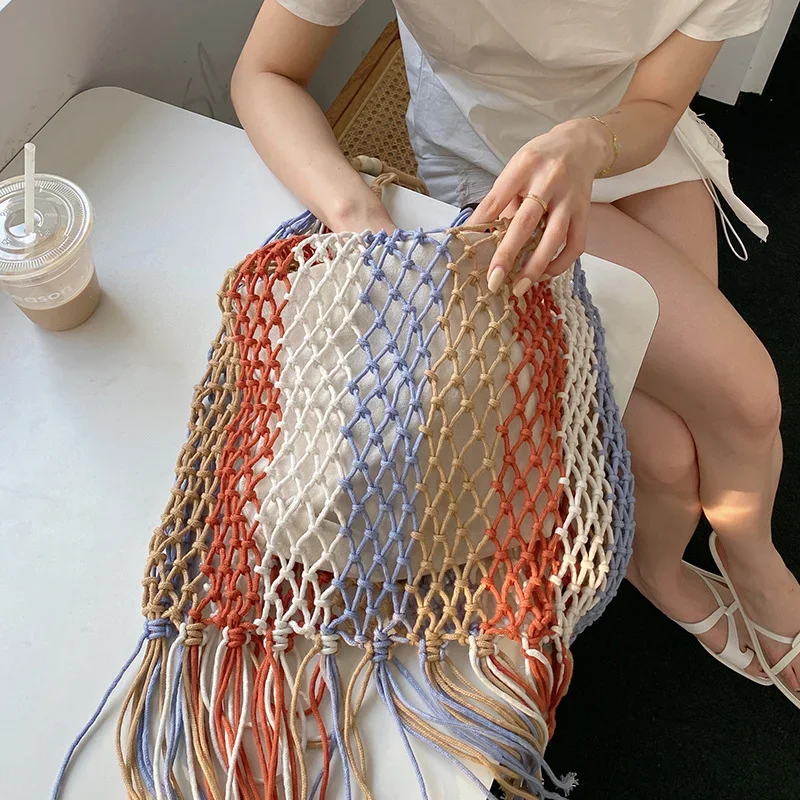 

Designer Braided Crochet Net Bag Women Casual Woven Summer Travel Woven Beach Bucket Tote Bag Purse 2024 New Handbag