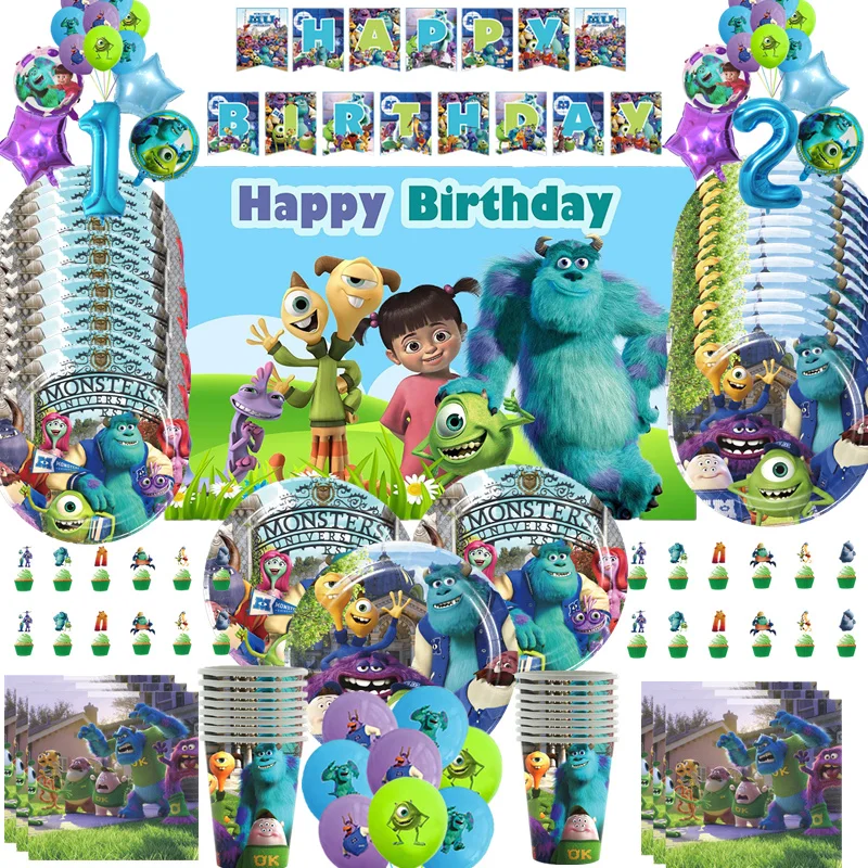 Monster University Party Decorations Disposable Tableware Plate Cup Tablecloth Cake Topper Baby Shower Kids Birthday Supplies