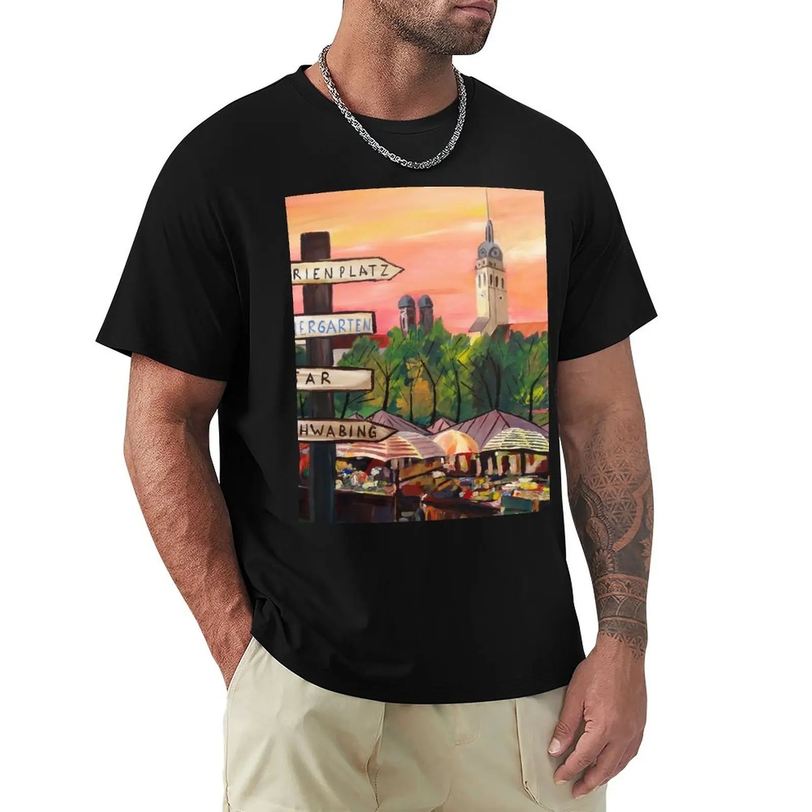 

Munich Bavaria Viktualienmarkt with Signposts T-Shirt black t shirt T-shirt for a boy Short sleeve men clothing