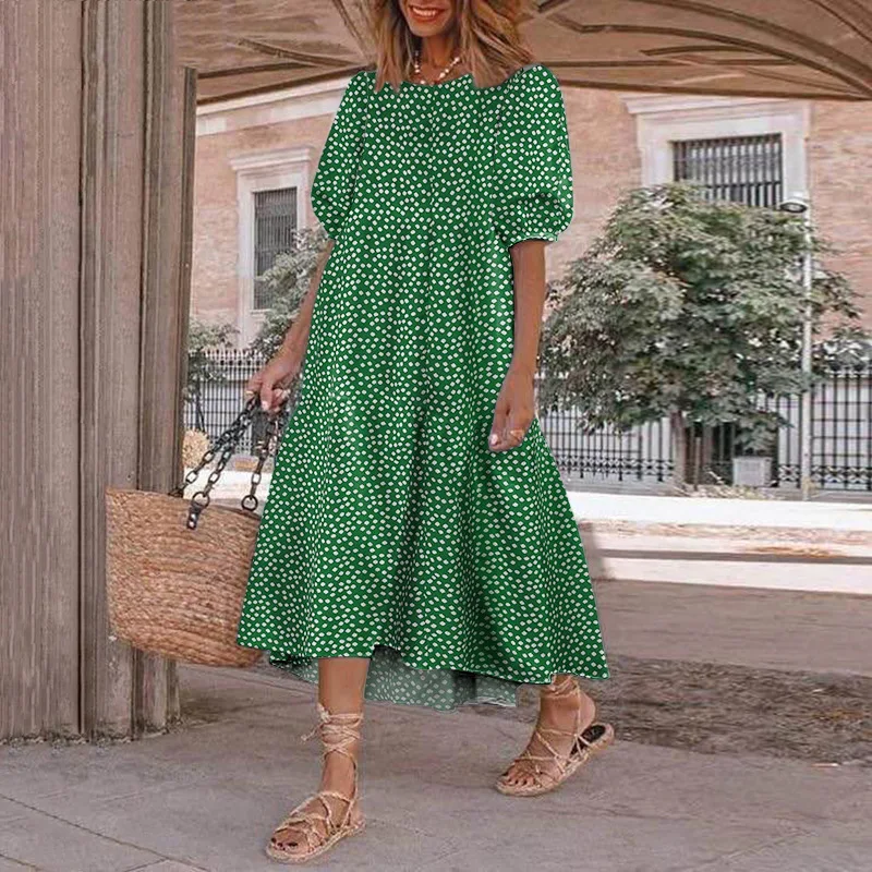 

Casual Loose Love floral prints Dresses for Summer Women's Dress 2024 New Beach O-neck Short Puff Sleeves ruffled midi dress