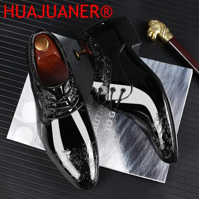 Casual Business Shoes for Men Dress Shoes Lace Up Formal Black Patent Leather Brogue for Male Wedding Party Office Oxfords