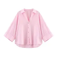 Summer Women's Curled Wide Sleeves Linen Blended Striped Asymmetric Casual Shirt Versatile Collar Linen Blended Printed Shirt - Image 5