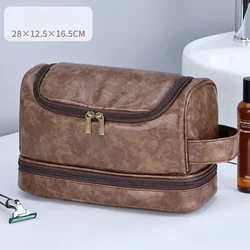 Spacious Leather Travel Toiletry Bag with Hanging Hook - Unisex Cosmetic and Shaving Organizer - 28.5x12.4x16.8cm (Coffee)