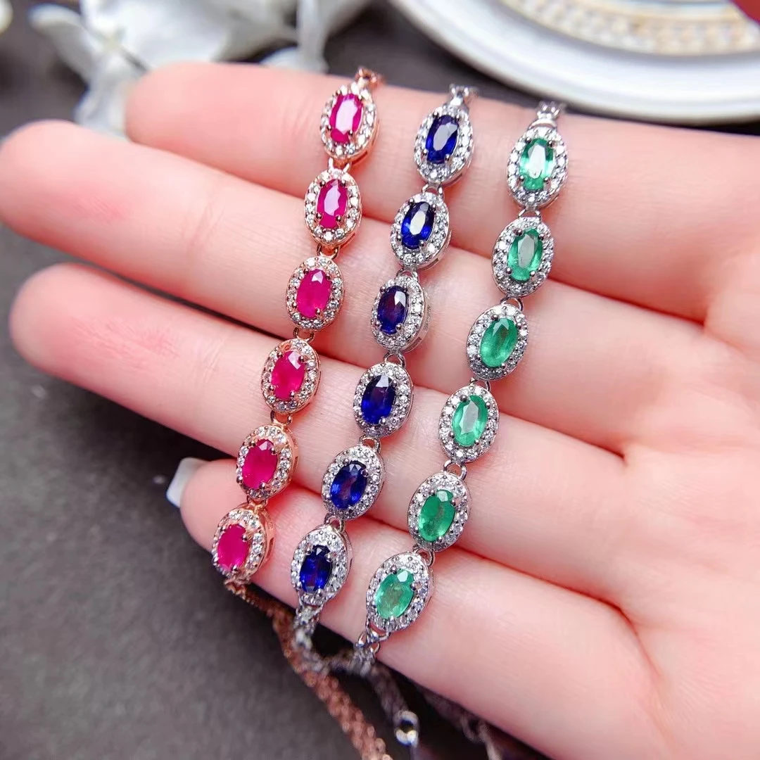 

Natural Sapphire/Ruby/Emerald Bracelet S925 Sterling Silver Gem Fine Fashion Weddings Jewelry Women's Free Shipping MeiBaPJ FS