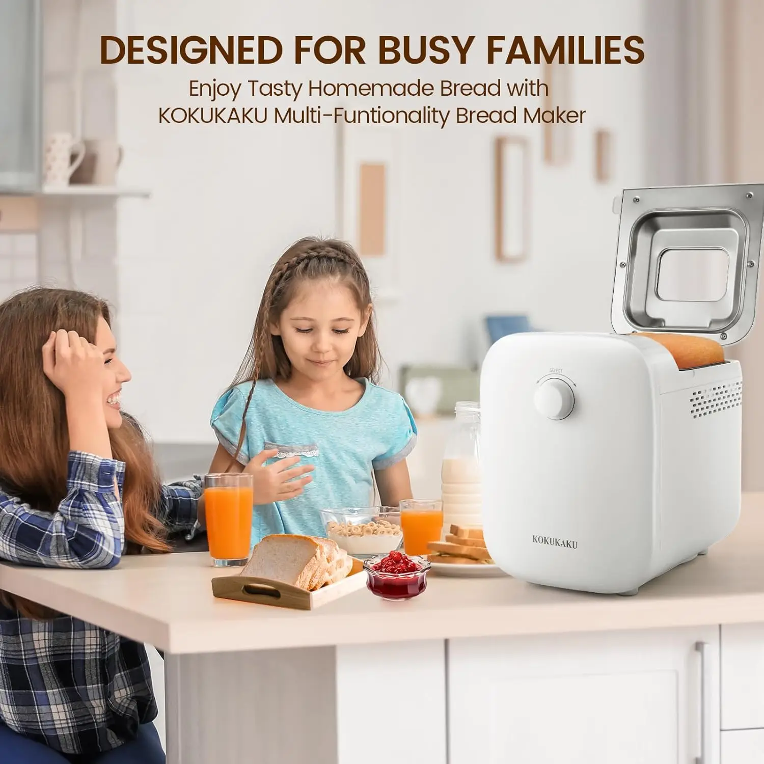 Automatic Bread Maker Machine, 1LB/1.5LB Programmable 2 Loaf Sizes, 3 Crust Colors, Small Digital Home Bakery with Dough, Cake, 5