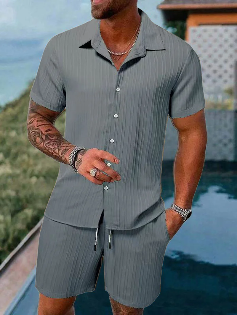 Men's beach suit striped solid color short sleeve shorts shirt Sports casual breathable lightweight high quality men's wear ins 4