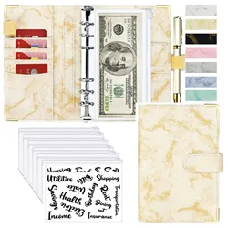 White PU Leather Budget Binder - Money Saving Organizer & Marble Notebook Planner with Envelopes (Yellow and Sticker)