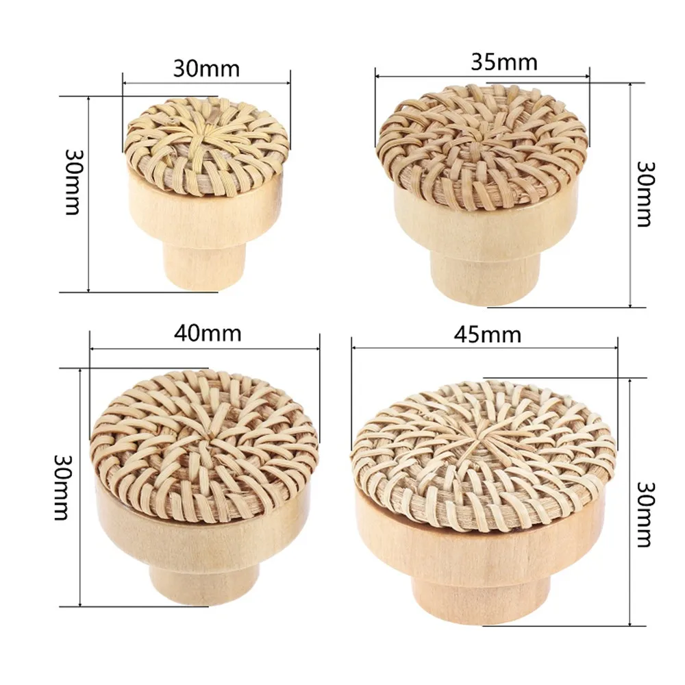 4pcs Rattan Knob w/screw Woven Wicker Round Wood Handle Furniture Pull 30/35/40/45mm Natural Eco-frinedly Exquisite White Coffee Furniture Knobs