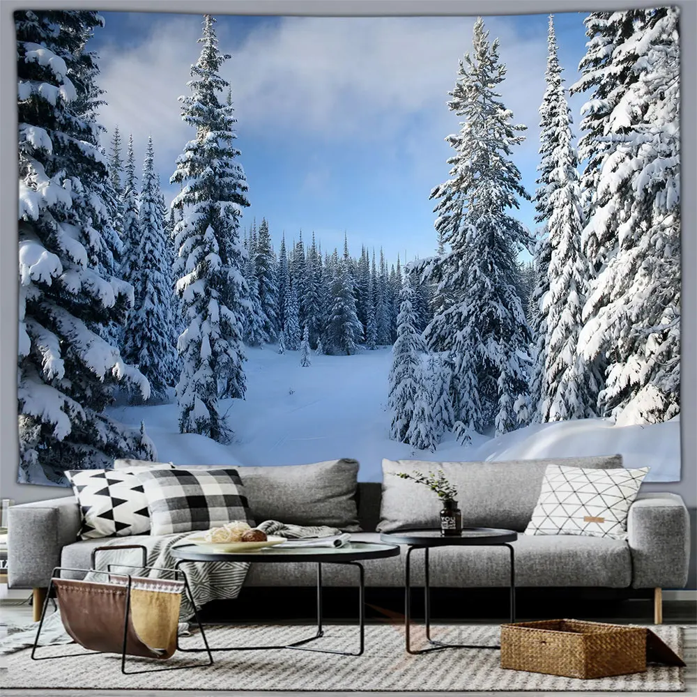 Winter forest snow scene tapestry wall hanging tapestry decor
